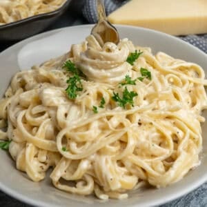 Fettuccine alfredo in a pasta bowl.