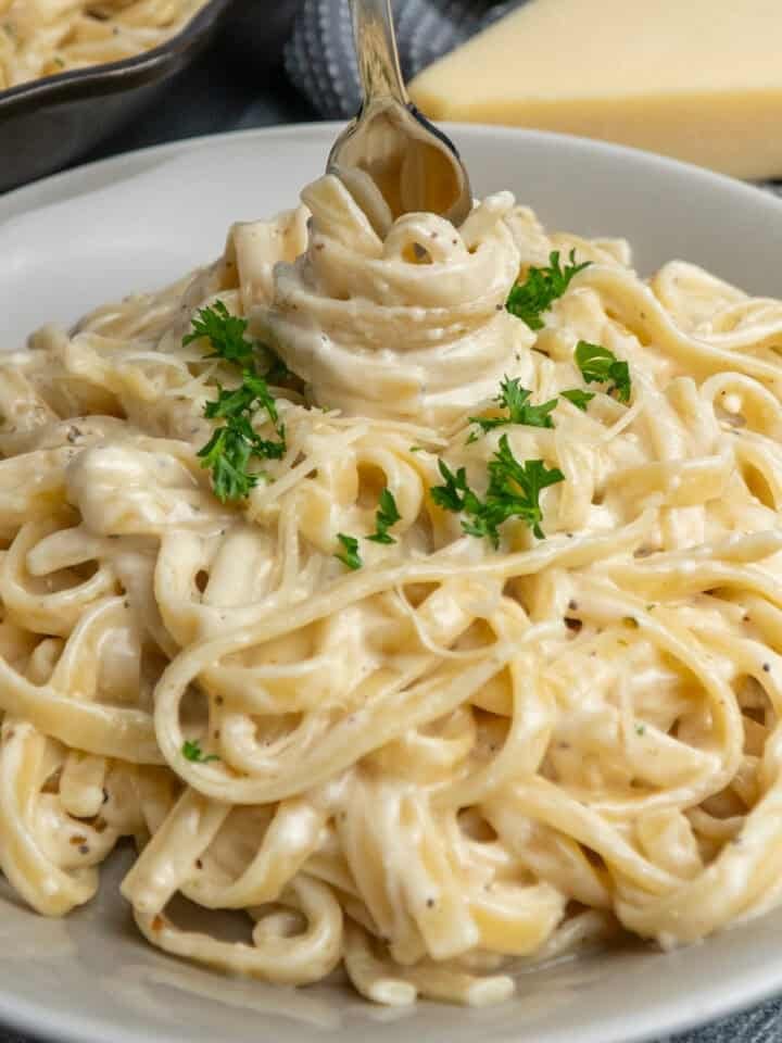 Fettuccine alfredo in a pasta bowl.
