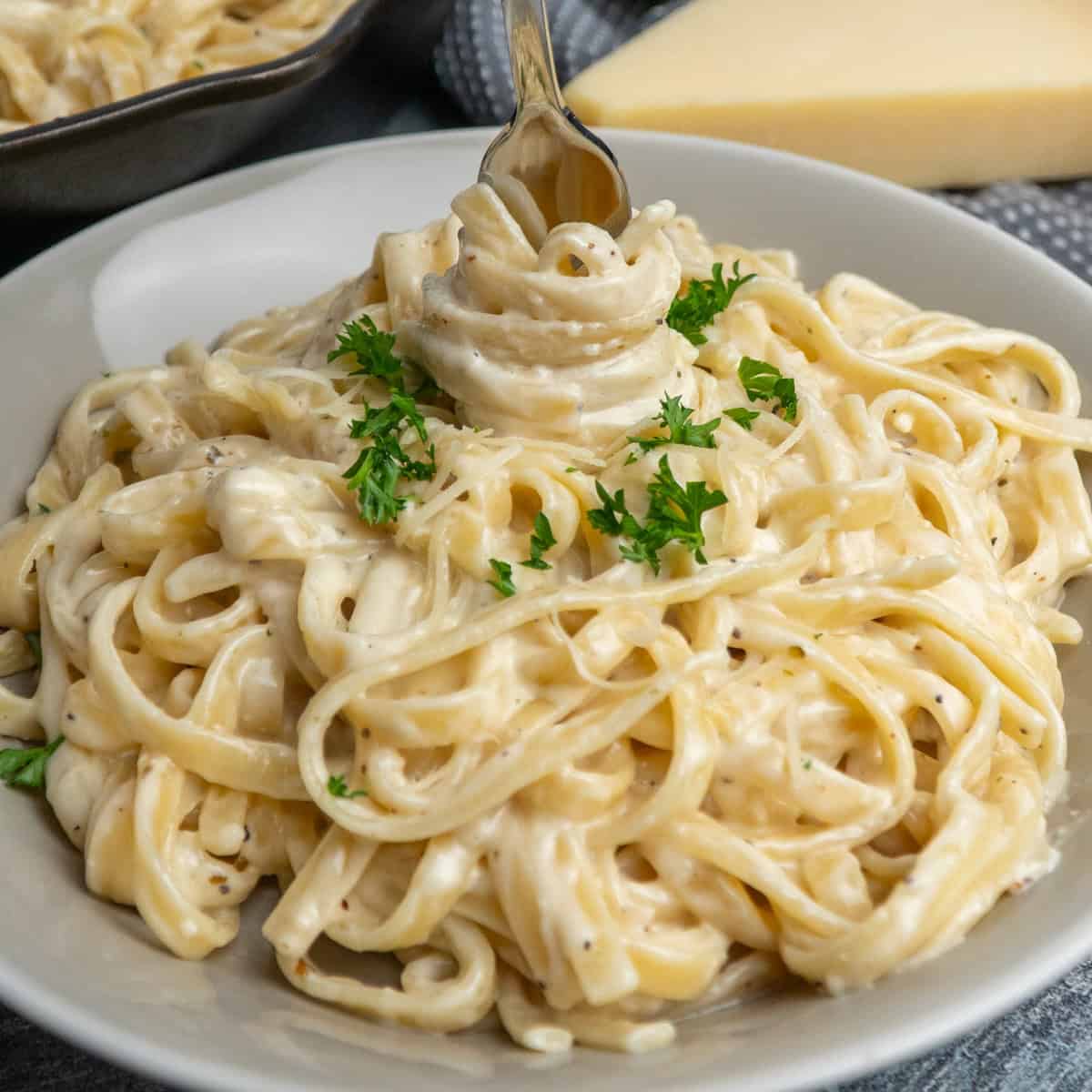 Fettuccine alfredo in a pasta bowl.