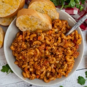 American goulash recipe on a plate.