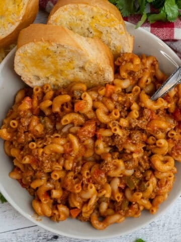 American goulash recipe on a plate.