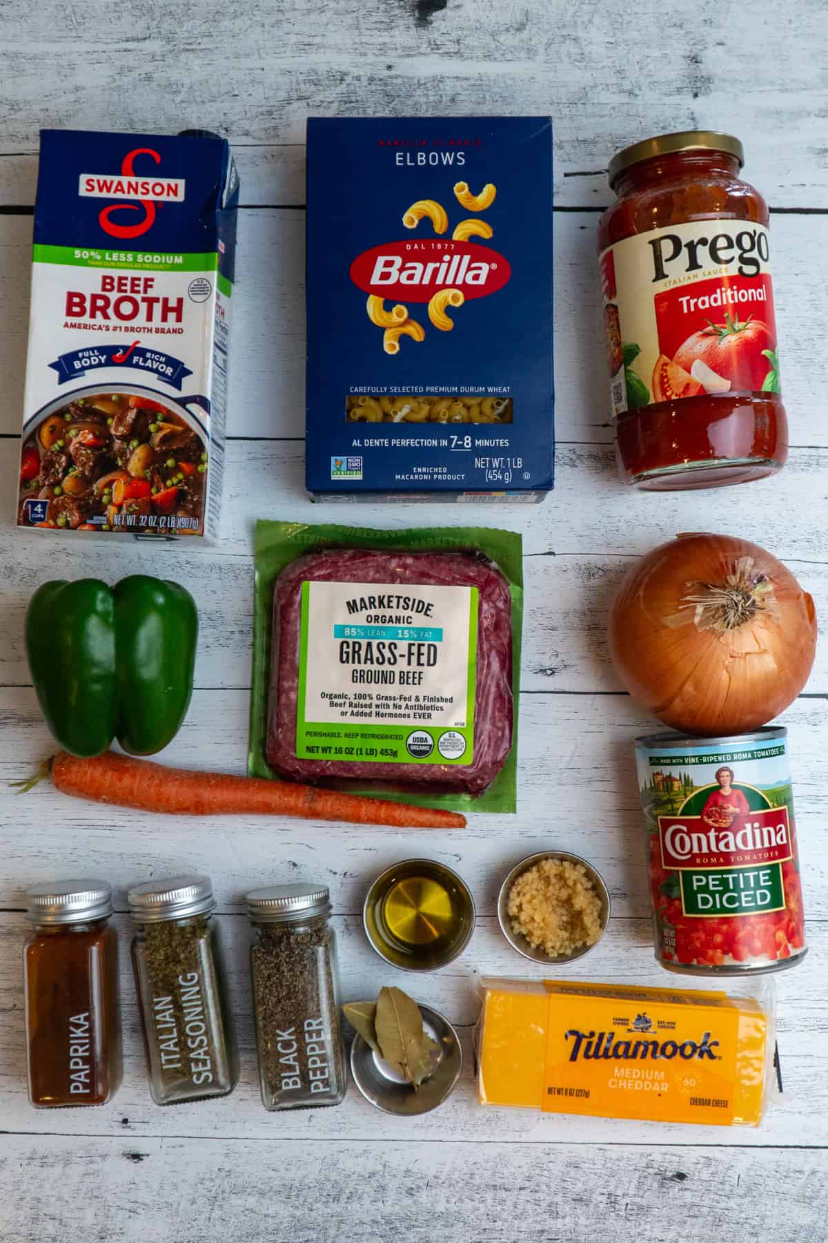 Ingredients to make this goulash on a table.