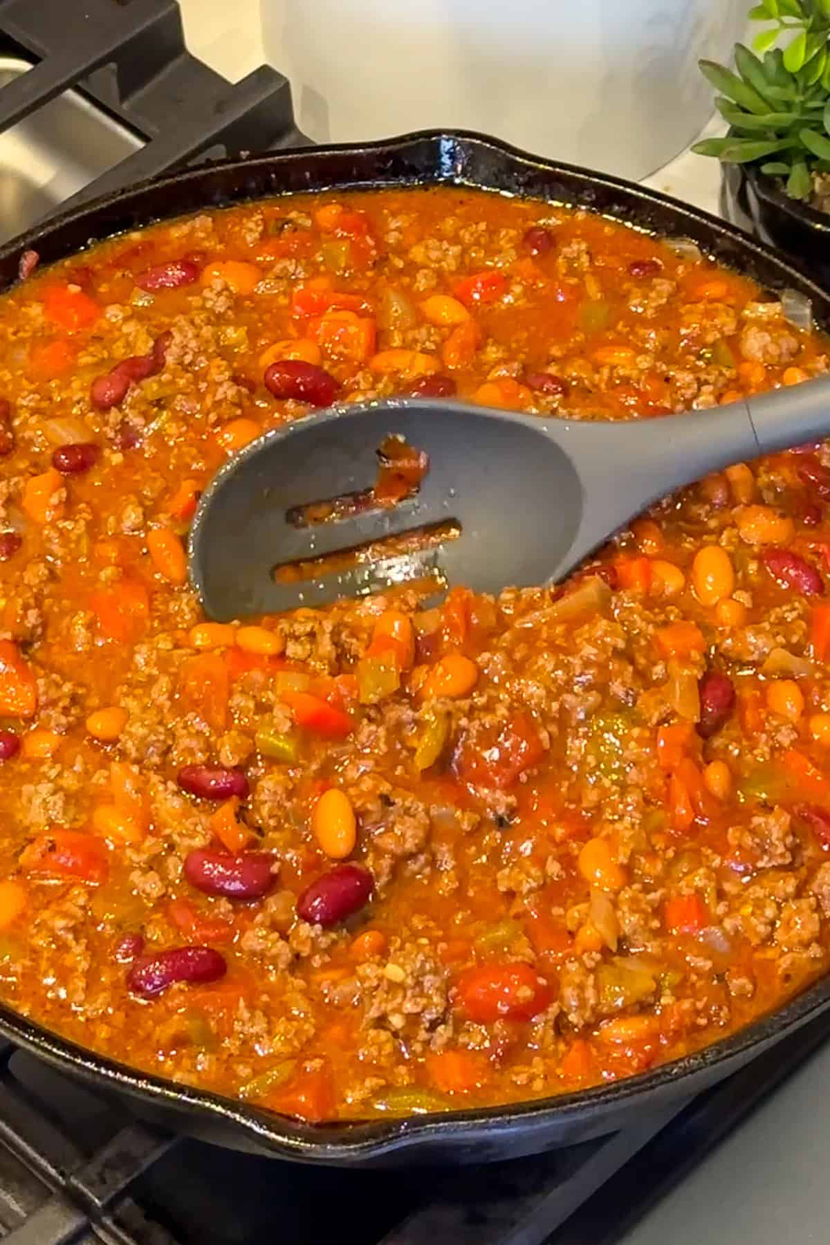 Beans, garlic, seasonings, diced tomatoes, tomato paste add to the ground beef.