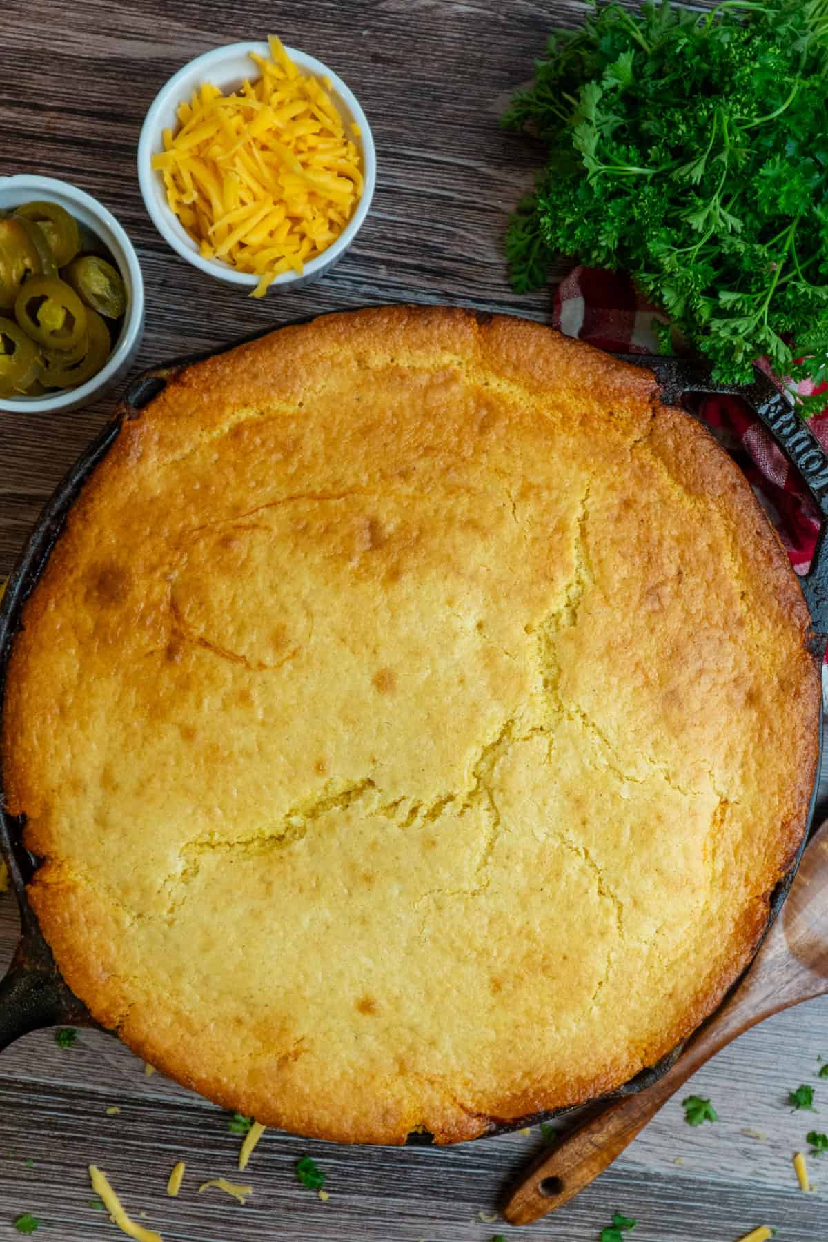 Chili cornbread casserole that has been baked and ready to serve.