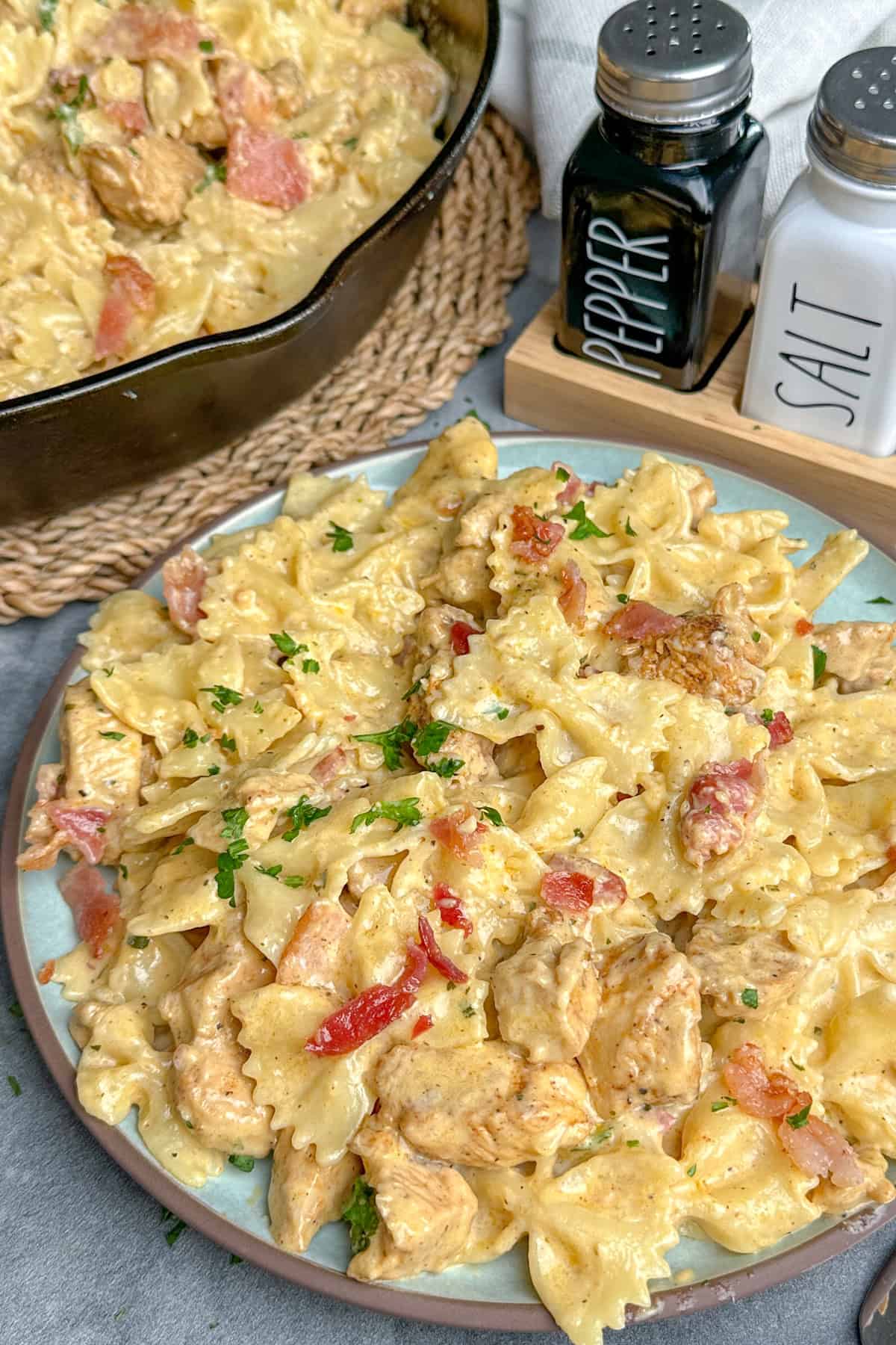 Chicken bacon ranch pasta on a plate ready to be eaten.